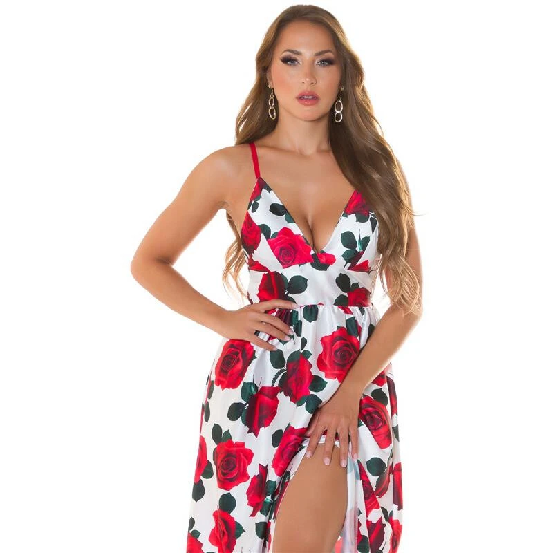 Langes Damen Sommer Maxikleid Mit Blumen-Muster Rot 4 Langes Damen Sommer Maxikleid Mit Blumen-Muster Rot – Bild 2