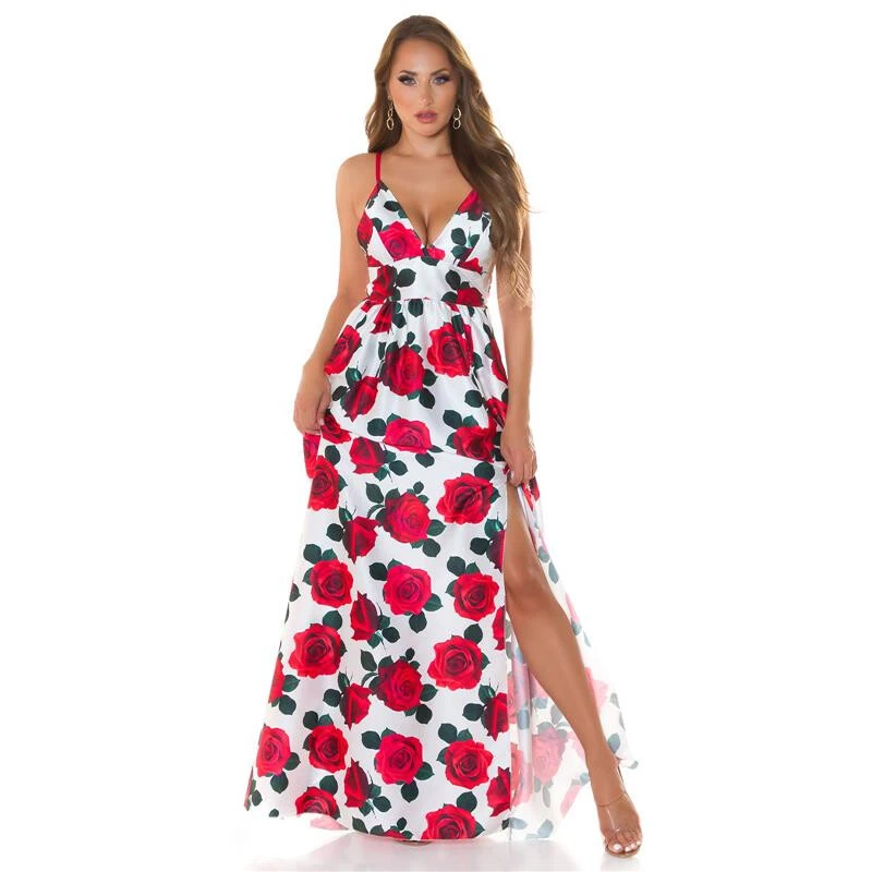 Langes Damen Sommer Maxikleid Mit Blumen-Muster Rot 5 Langes Damen Sommer Maxikleid Mit Blumen-Muster Rot – Bild 3