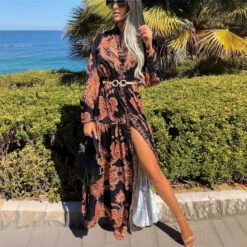 Langes Damen Sommer Maxikleid Mit Paisley-Muster Schwarz/Braun -Günstiges Moden Funke Geschäft langes damen sommer maxikleid mit paisley muster schwarz braun5