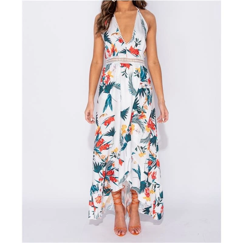Langes Neckholder Maxikleid In Wickeloptik Mit Palmen Weiß 5 Langes Neckholder Maxikleid In Wickeloptik Mit Palmen Weiß – Bild 3
