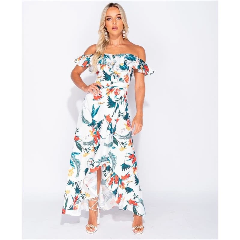 Langes Off Shoulder Maxikleid Mit Palmen Und Volants Weiß 5 Langes Off Shoulder Maxikleid Mit Palmen Und Volants Weiß – Bild 3