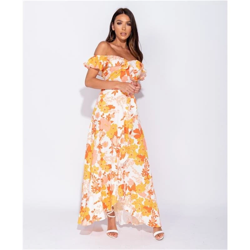 Langes Off Shoulder Maxikleid Mit Volants Und Blumen Gelb 4 Langes Off Shoulder Maxikleid Mit Volants Und Blumen Gelb – Bild 2