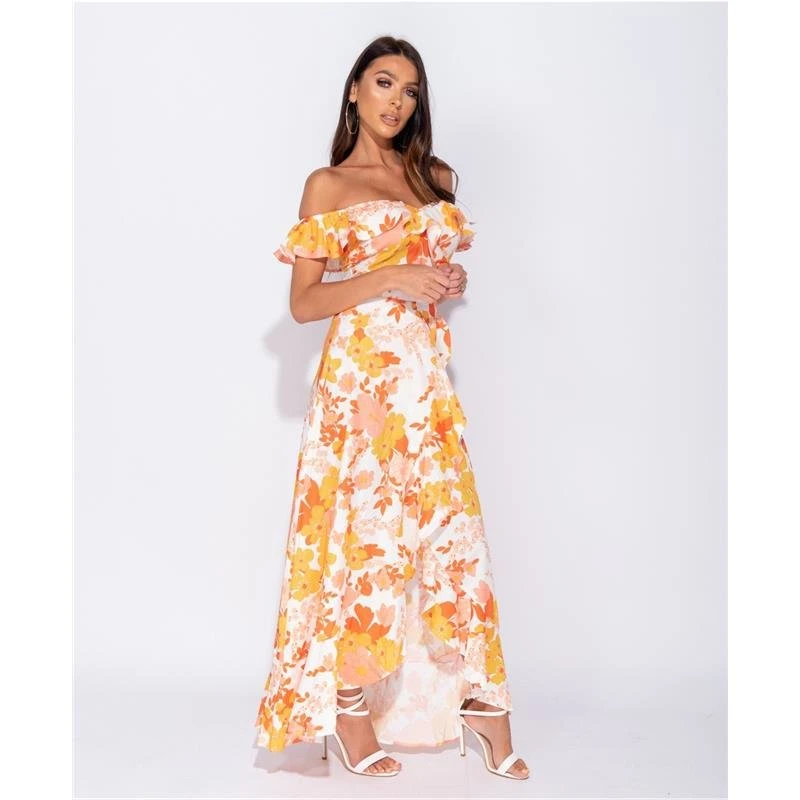 Langes Off Shoulder Maxikleid Mit Volants Und Blumen Gelb 5 Langes Off Shoulder Maxikleid Mit Volants Und Blumen Gelb – Bild 3
