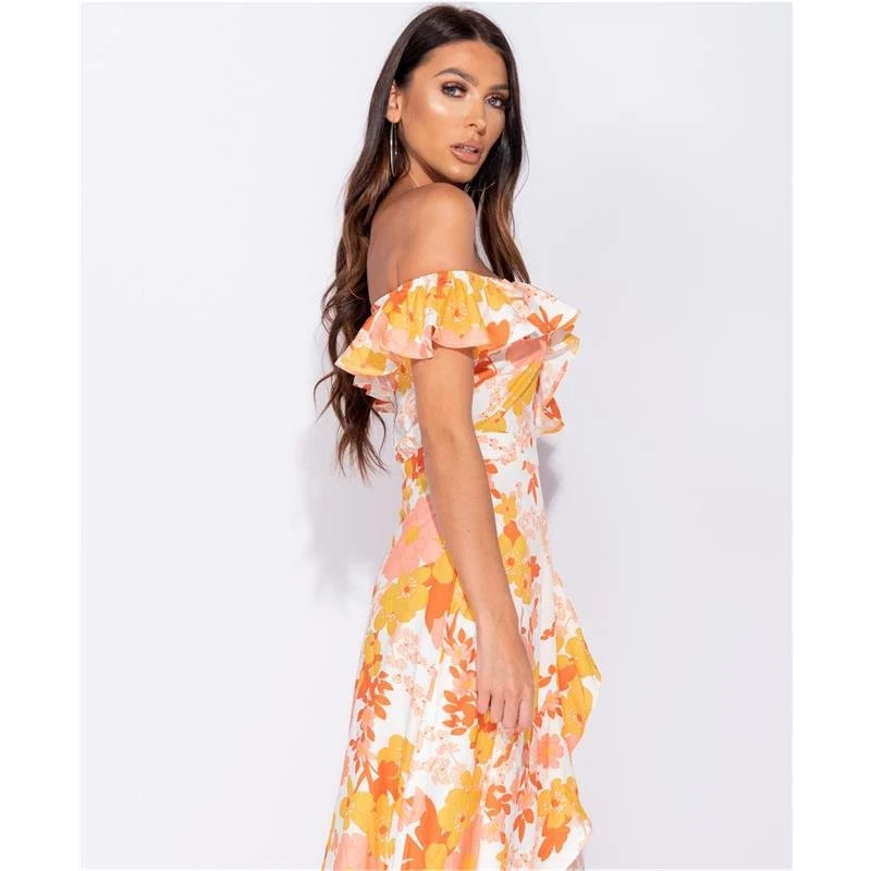 Langes Off Shoulder Maxikleid Mit Volants Und Blumen Gelb 7 Langes Off Shoulder Maxikleid Mit Volants Und Blumen Gelb – Bild 5