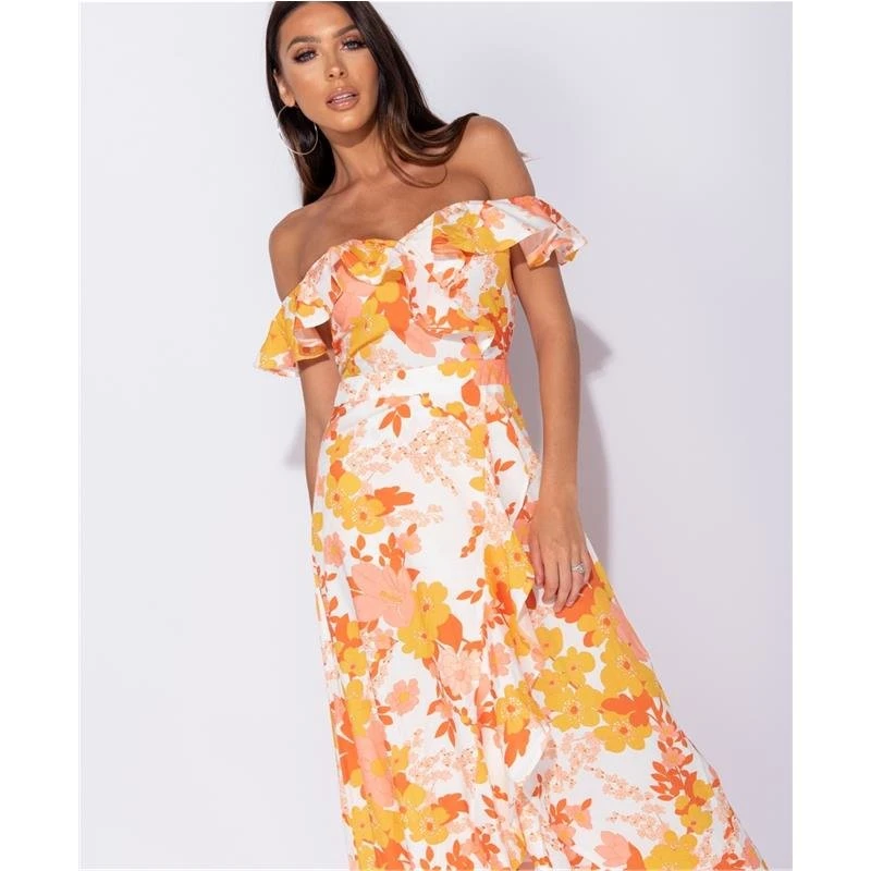 Langes Off Shoulder Maxikleid Mit Volants Und Blumen Gelb 8 Langes Off Shoulder Maxikleid Mit Volants Und Blumen Gelb – Bild 6