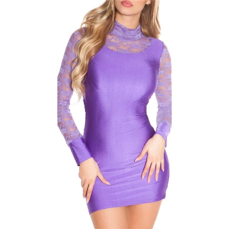Schimmerndes Langarm Minikleid Mit Spitze Und Raffungen Lila 3 Schimmerndes Langarm Minikleid Mit Spitze Und Raffungen Lila – Bild 2