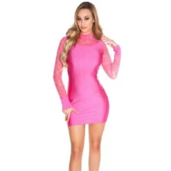 Schimmerndes Langarm Minikleid Mit Spitze Und Raffungen Pink