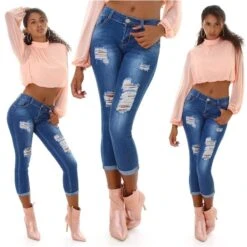 Sexy 7/8 Damen Skinny Jeans Destroyed-Look Dunkelblau
