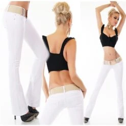 Sexy Damen Bootcut Jeans Mit Button-Fly Inkl. Gürtel Weiß