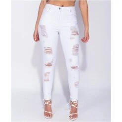 Sexy Damen Highwaist Röhrenjeans Destroyed-Look Weiß