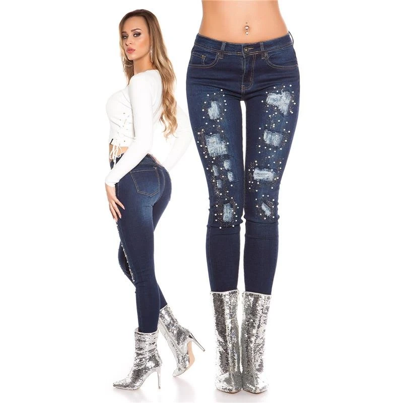 Sexy Damen Röhrenjeans Destroyed-Look Mit Perlen Dunkelblau 3 Sexy Damen Röhrenjeans Destroyed-Look Mit Perlen Dunkelblau