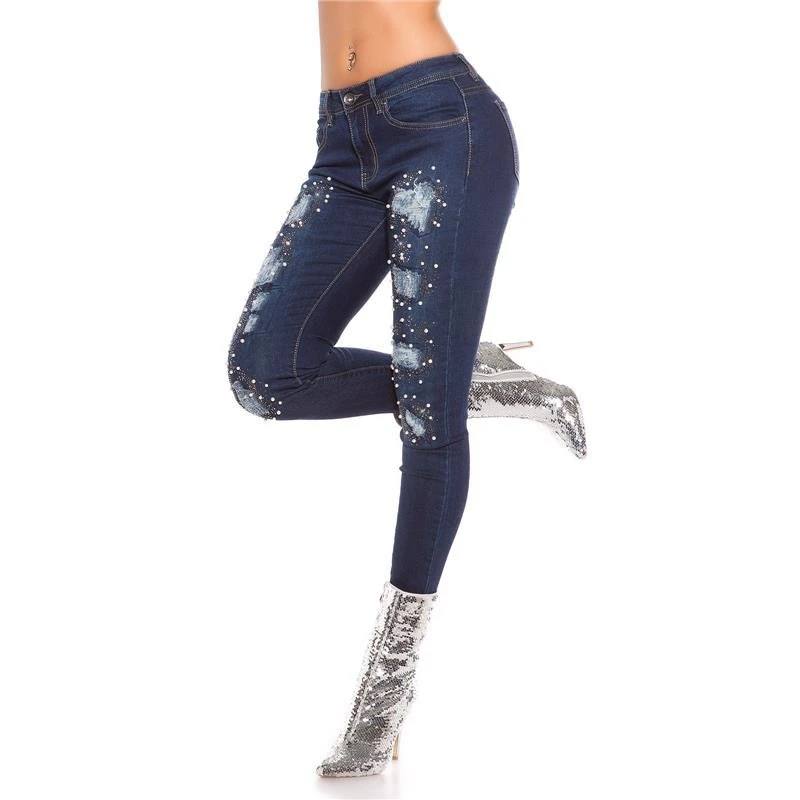 Sexy Damen Röhrenjeans Destroyed-Look Mit Perlen Dunkelblau 7 Sexy Damen Röhrenjeans Destroyed-Look Mit Perlen Dunkelblau – Bild 5