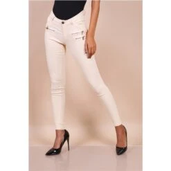 Sexy Figurbetonende Damen Skinny Jeans Mit Zippern Beige