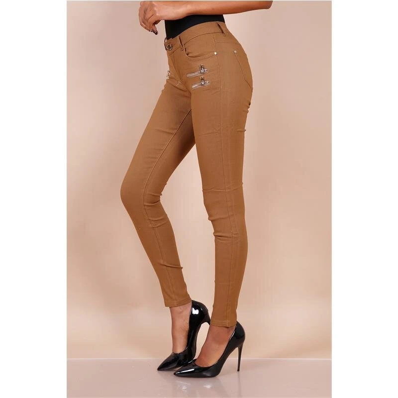Sexy Figurbetonende Damen Skinny Jeans Mit Zippern Camel 4 Sexy Figurbetonende Damen Skinny Jeans Mit Zippern Camel – Bild 2
