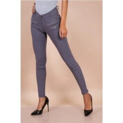 Sexy Figurbetonende Damen Skinny Jeans Mit Zippern Grau