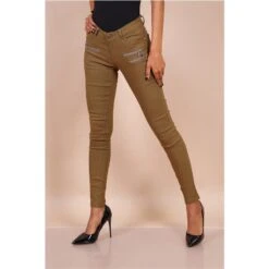Sexy Figurbetonende Damen Skinny Jeans Mit Zippern Taupe