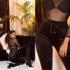 Trendige Damen Samt Lounge Hose Sporthose Schwarz -Günstiges Moden Funke Geschäft trendige damen samt lounge hose sporthose schwarz10