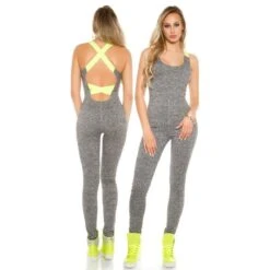Trendiger Workout Overall Jogginganzug Sportswear Grau Meliert/Neon Gelb